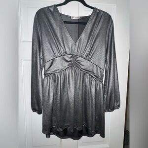 Pleione Top Women Silver Grey Shiny Metallic Blouse